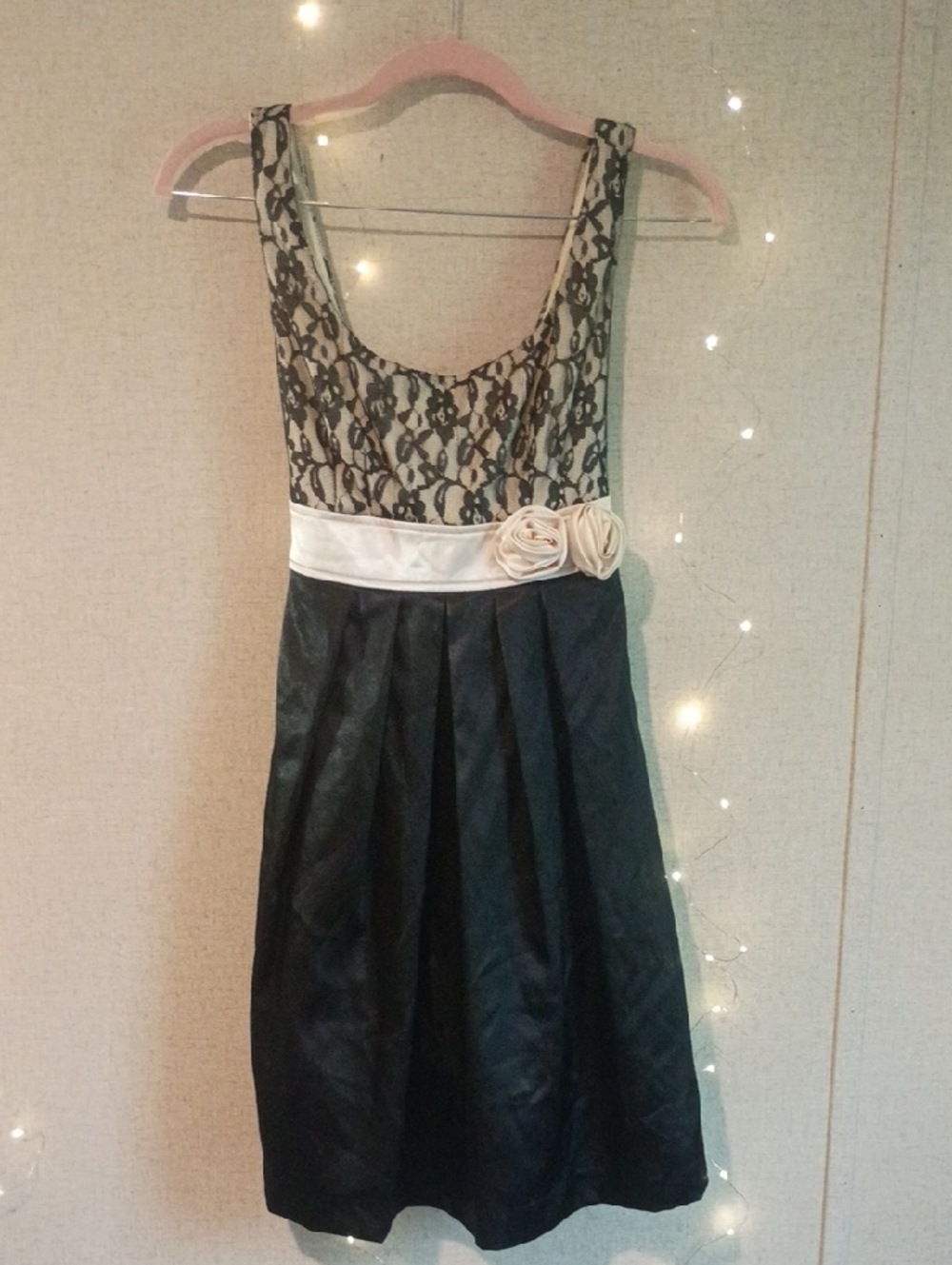 Elegant Black Lace and Ivory Sash Prom Dress